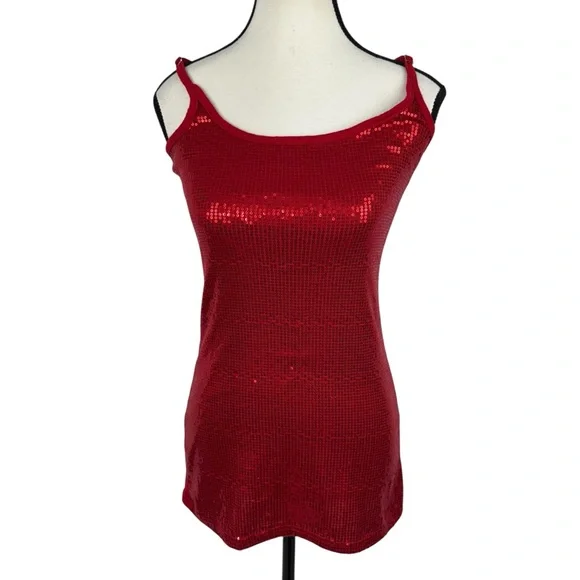 Womens Sequin Spaghetti Cami Top S Red Night Out Club Party Y2K Coquette Sparkle - Picture 2 of 9